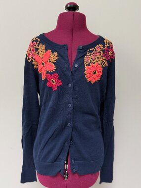 Tabitha Navy Blue Knit Cardigan with Bright Floral Embroidery - Size M